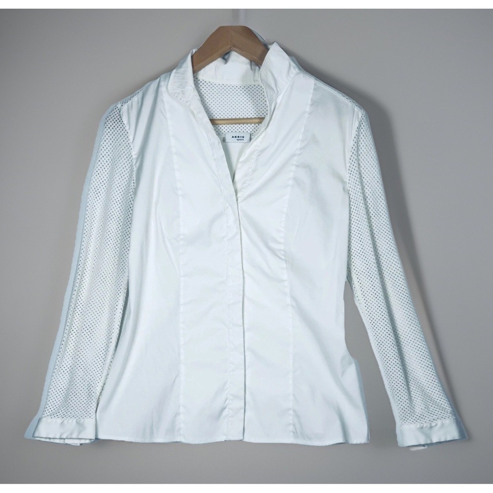 Akris Punto Blouse Womens US 8 White Mesh Panel Hidden Button Front Luxury